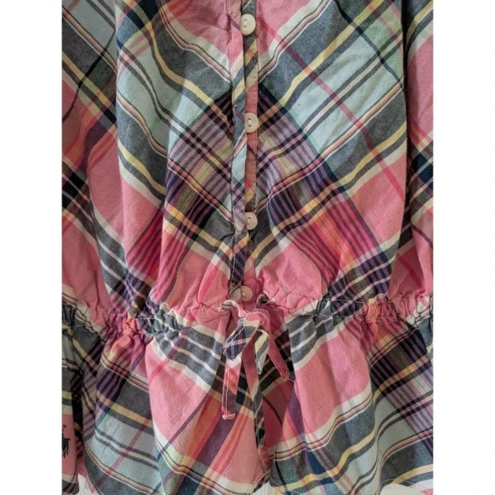 Ralph Lauren Girls Pink Blue Plaid Peplum Button Front‎ Blouse Top Size 8